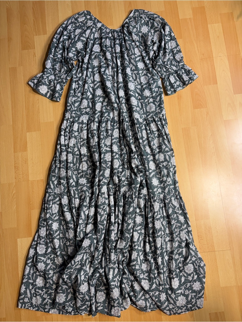 Daughters of India Sahana Forest Green Floral Block Print Tiered Maxi Dress - Picture 10 of 12